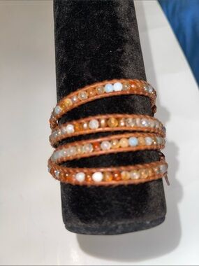 Chan Luu Beaded Leather Wrap Bracelet with Orange and Cream Accents